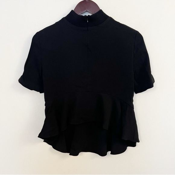 A.L.C. Black Short Sleeve Blouse High Low Ruffle Hem Back Zipper Size 0 (XS) - Picture 4 of 9